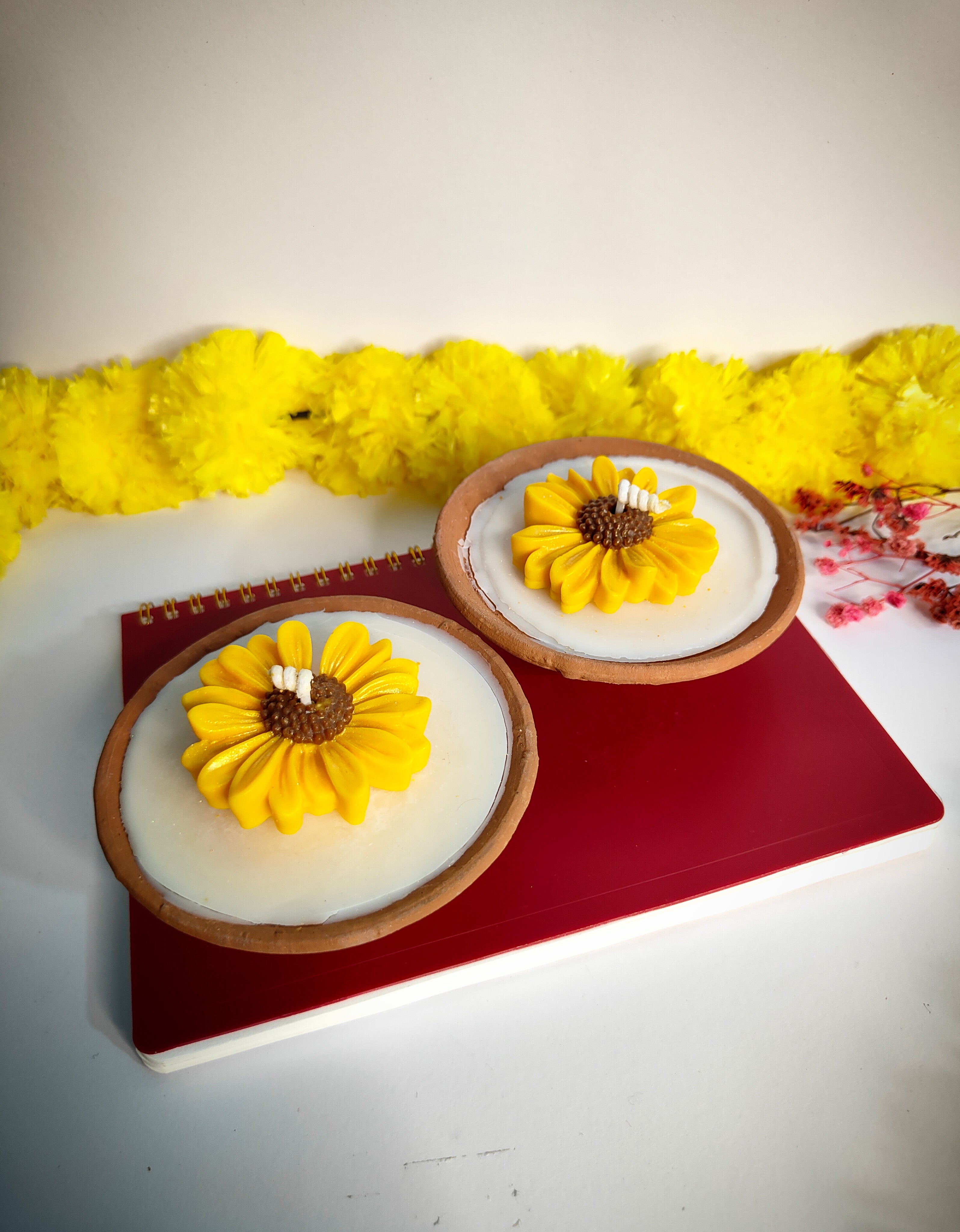 Sunflower Mitti Diya Candle – Handcrafted Clay Diya with Floral Glow (Set of 2)