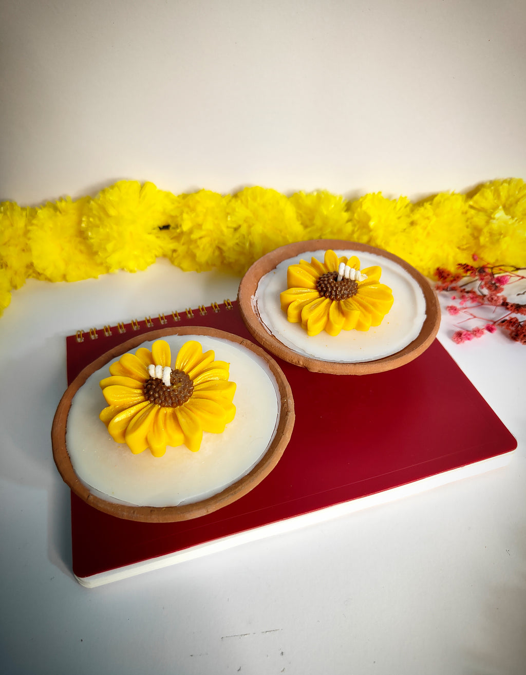 Sunflower Mitti Diya Candle – Handcrafted Clay Diya with Floral Glow (Set of 2)