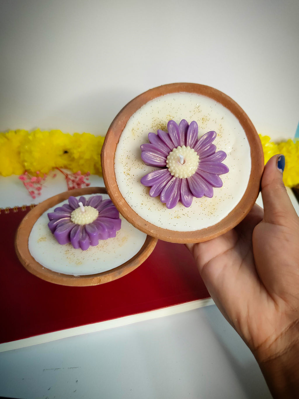 Sunflower Mitti Diya Candle – Handcrafted Clay Diya with Floral Glow (Set of 2)